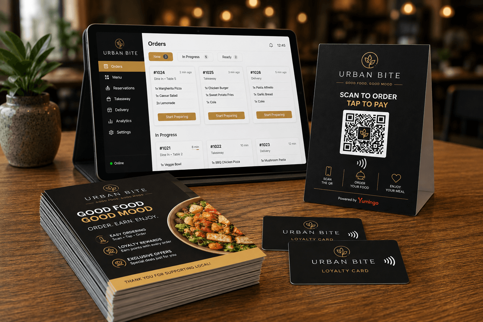 Business Pack: tablet, table tent, flyers and NFC cards