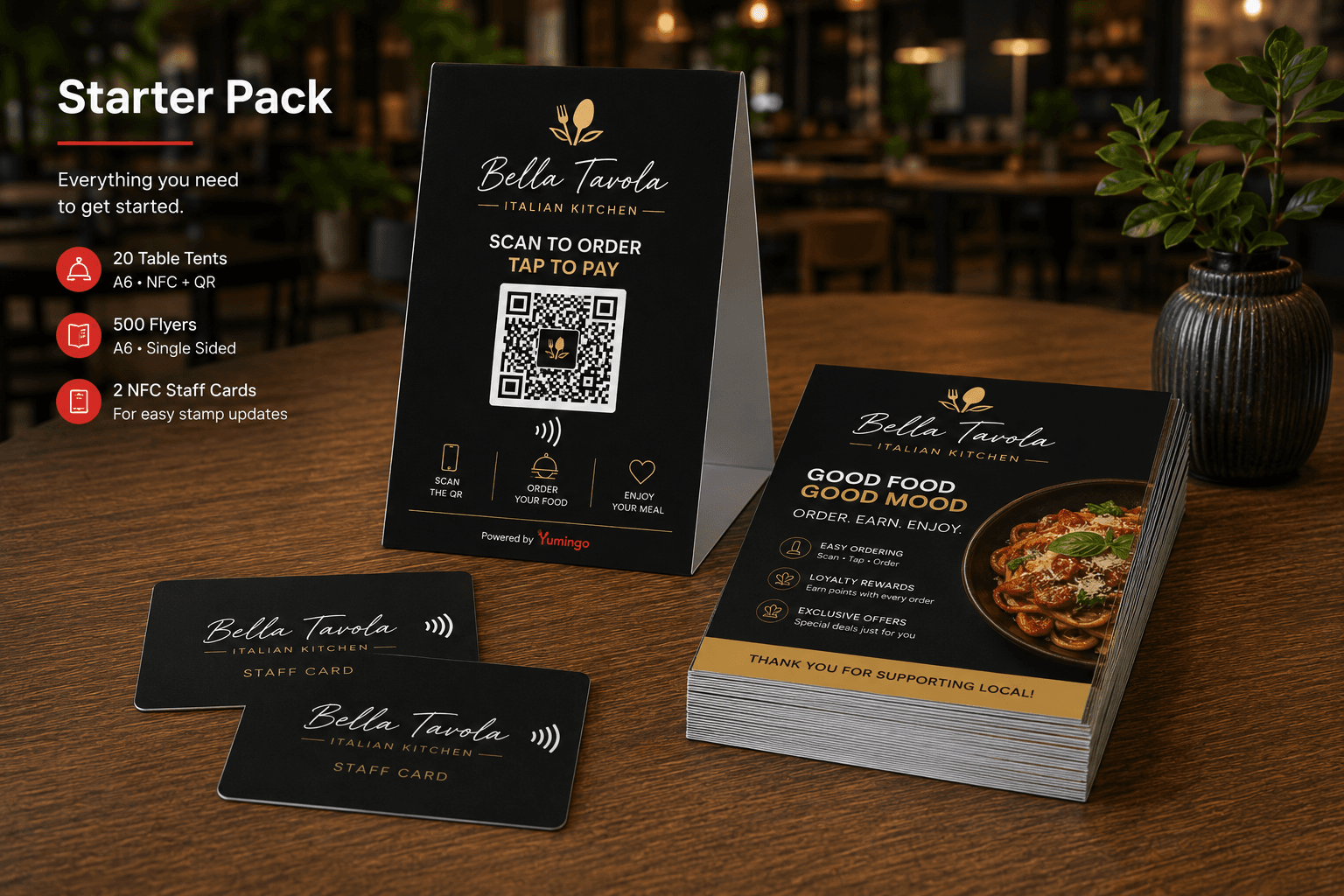 Starter Pack: table tents, flyers and NFC staff cards